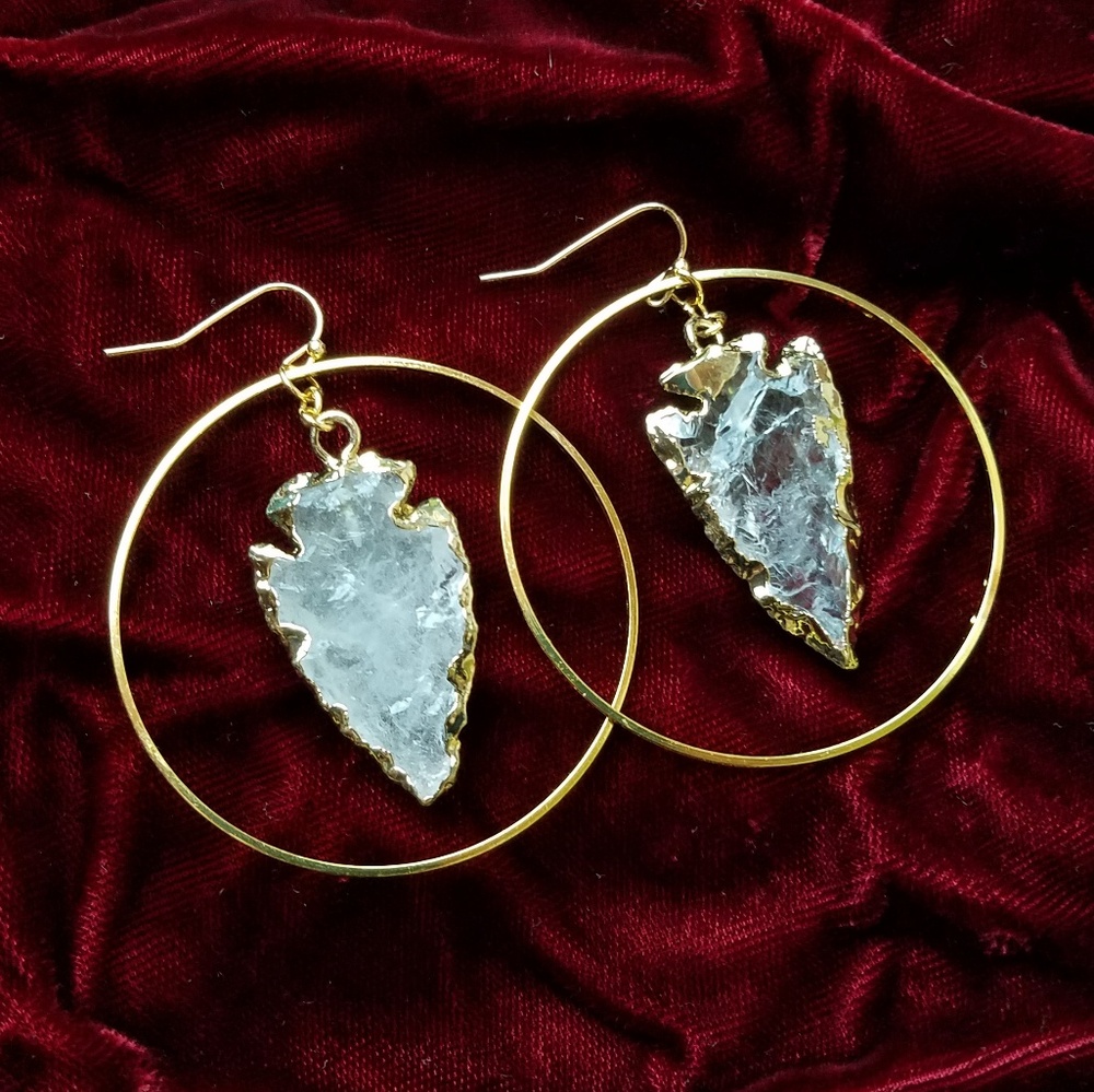 LAST PAIR! Arrowhead Quartz Crystal Big Gold Hoops - Picture 2 of 4